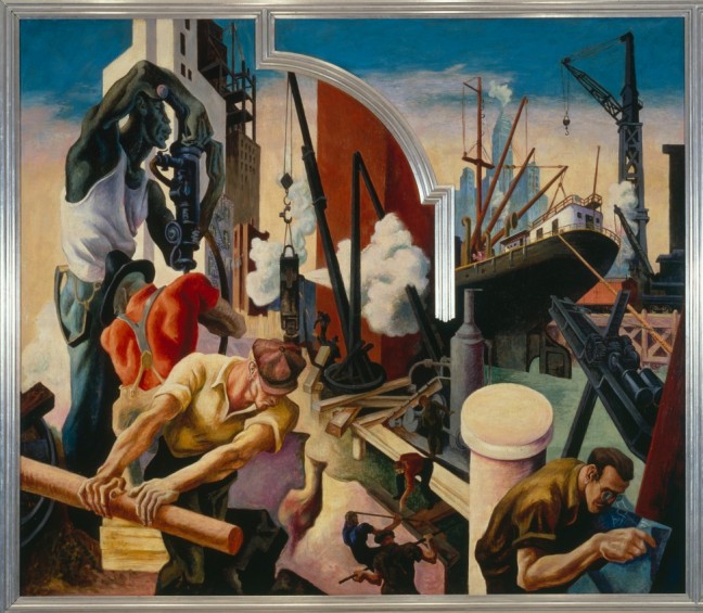 Thomas Hart Benton, America Today (City Building), 1930-1931, egg tempera with oil glazing over Permalba on a gesso ground on linen mounted on wood panel, 92 x 117 in. (233.7 x 297.2 cm)